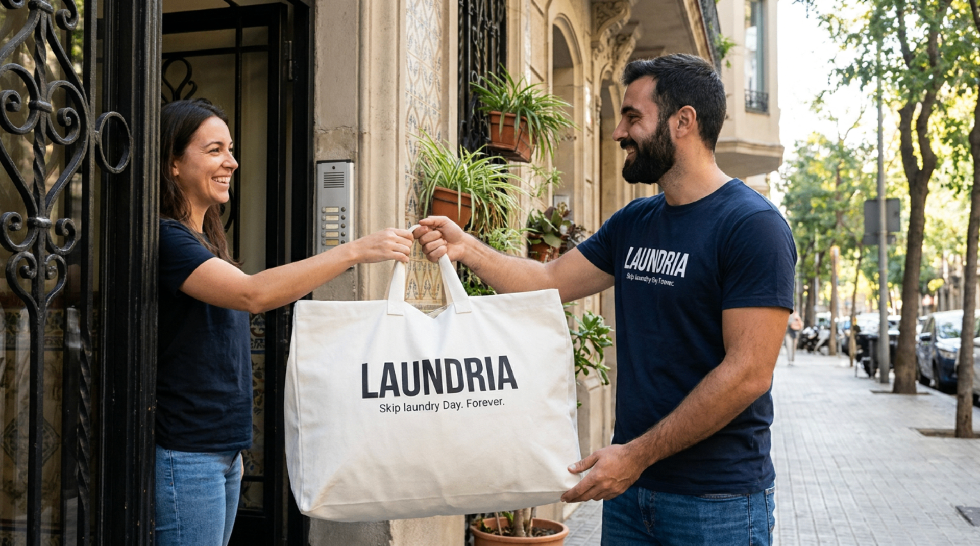 A Laundito provider delivering a freshly laundered bag of clothes to a customer at their door